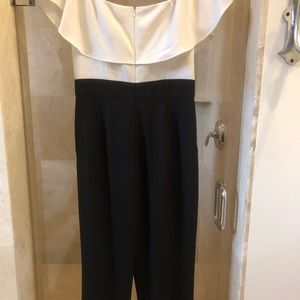 Off the shoulder ivory and black jumpsuit